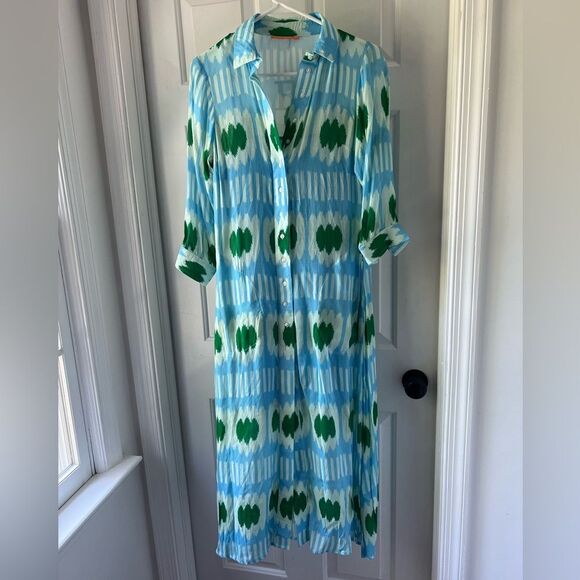 Oliphant V-Neck Maxi Midi Flutter Sleeve Dress Ikat Blue Green XS Cotton - Picture 1 of 5